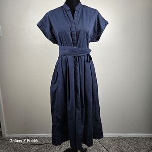 Banana Republic Navy Blue Cotton Midi Shirt Dress Belted Pockets Size M Workwear
